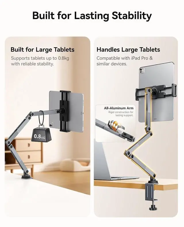 Alt view image 5 of 7 - Tablet Mount, 360° Adjustable Tablet Stand Holder for iPad, Foldable Aluminum Arms, Ergonomic Viewing for Standing Desk & Nightstand, Fits 4.7"-12.9" Tablets & Phones - RA1, Gray