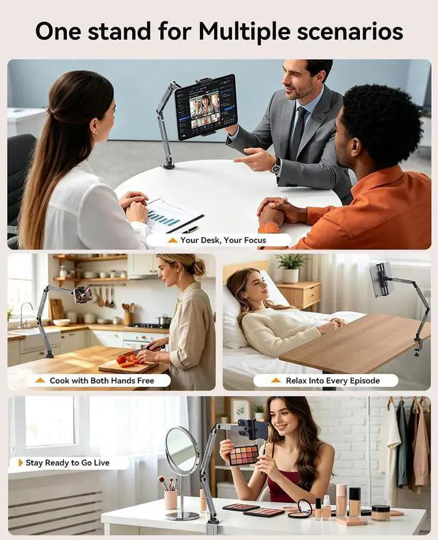 Alt view image 7 of 7 - Tablet Mount, 360° Adjustable Tablet Stand Holder for iPad, Foldable Aluminum Arms, Ergonomic Viewing for Standing Desk & Nightstand, Fits 4.7"-12.9" Tablets & Phones - RA1, Gray