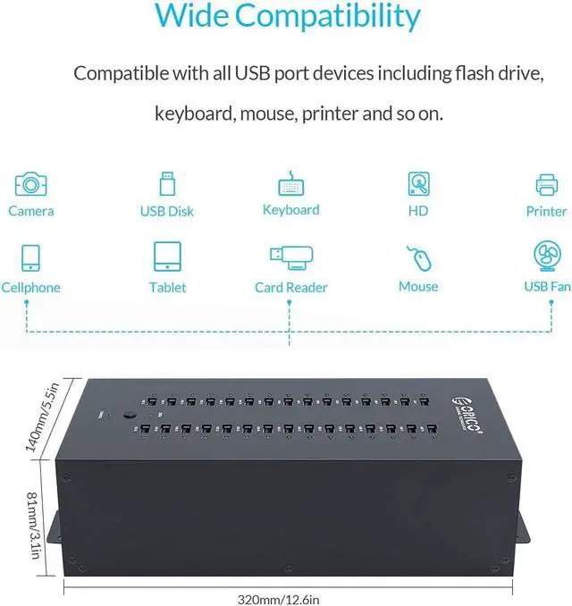 Alt view image 4 of 7 - 30-Port Industrial-Grade USB 2.0 Hub with 300W Power Supply, Smart Charging Station, Wall/Rack Mountable, Full Metal Case for Offices, Workshops & Labs