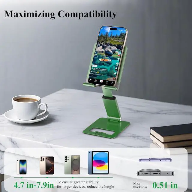 Alt view image 2 of 7 - Phone Stand, Extendable & Foldable Mobile Phone Stand, Angle/Height Adjustable Phone Holder Compatible with iPhone 17 16 15 14 Pro Max and More 4.7"-7.9" Phones-Gold (Green)