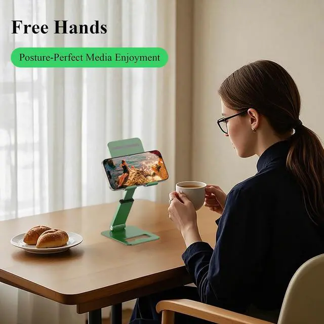 Alt view image 6 of 7 - Phone Stand, Extendable & Foldable Mobile Phone Stand, Angle/Height Adjustable Phone Holder Compatible with iPhone 17 16 15 14 Pro Max and More 4.7"-7.9" Phones-Gold (Green)