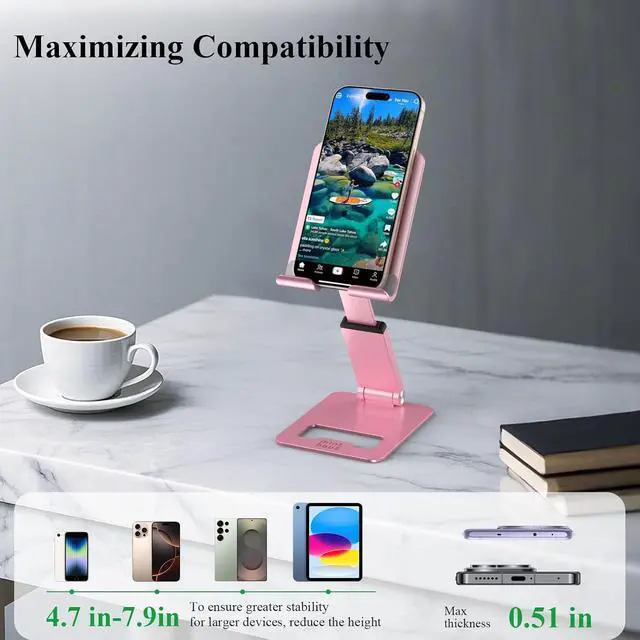 Alt view image 2 of 7 - Phone Stand, Extendable & Foldable Mobile Phone Stand, Angle/Height Adjustable Phone Holder Compatible with iPhone 17 16 15 14 Pro Max and More 4.7"-7.9" Phones-Gold (Pink)