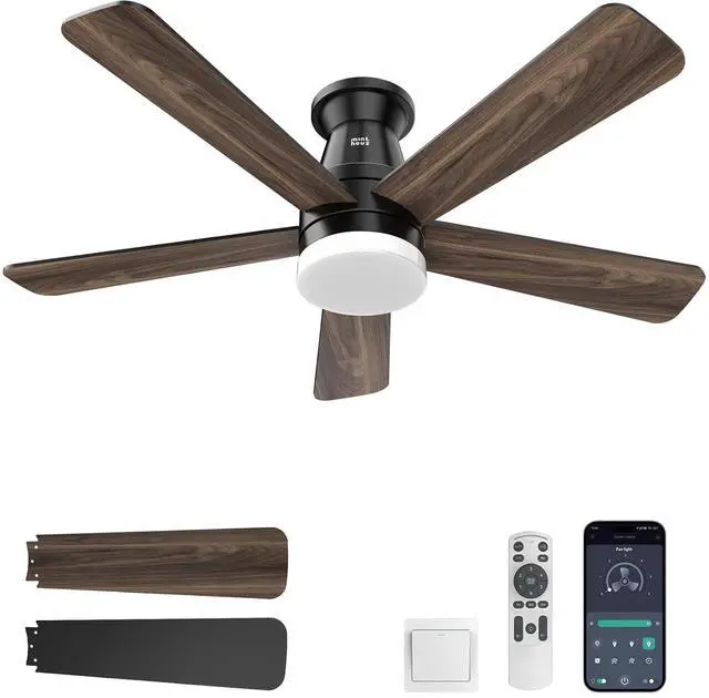 Main image of Ceiling Fans with Lights, 42 inch Ceiling Fan with Light with APP/Remote Control, 6000K Dimmable LED, Modern Flush Mount Ceiling Fan for Indoor Bedroom Living Room, DC Reversible, Black