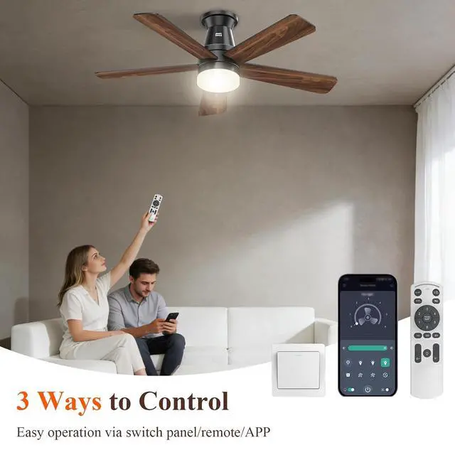 Alt view image 3 of 7 - Ceiling Fans with Lights, 42 inch Ceiling Fan with Light with APP/Remote Control, 6000K Dimmable LED, Modern Flush Mount Ceiling Fan for Indoor Bedroom Living Room, DC Reversible, Black