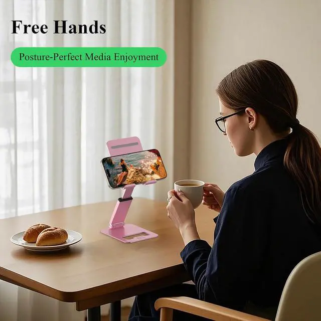 Alt view image 6 of 7 - Phone Stand, Extendable & Foldable Mobile Phone Stand, Angle/Height Adjustable Phone Holder Compatible with iPhone 17 16 15 14 Pro Max and More 4.7"-7.9" Phones-Gold (Pink)