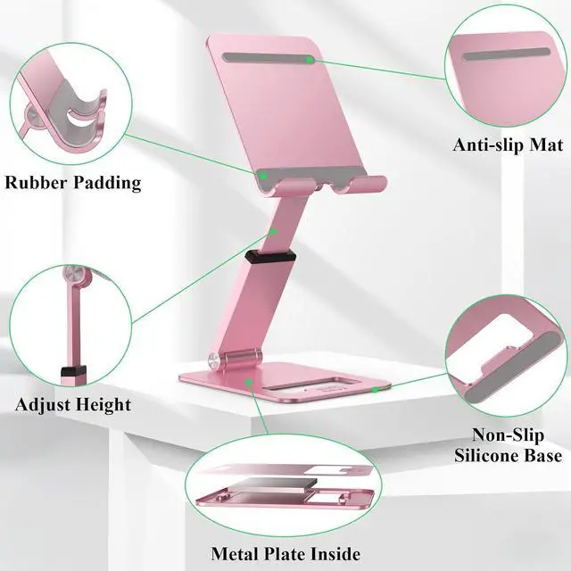 Alt view image 3 of 7 - Phone Stand, Extendable & Foldable Mobile Phone Stand, Angle/Height Adjustable Phone Holder Compatible with iPhone 17 16 15 14 Pro Max and More 4.7"-7.9" Phones-Gold (Pink)