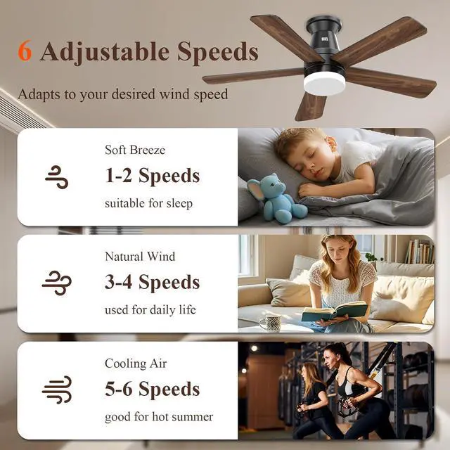 Alt view image 4 of 7 - Ceiling Fans with Lights, 42 inch Ceiling Fan with Light with APP/Remote Control, 6000K Dimmable LED, Modern Flush Mount Ceiling Fan for Indoor Bedroom Living Room, DC Reversible, Black