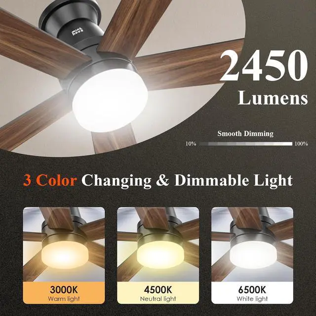 Alt view image 5 of 7 - Ceiling Fans with Lights, 42 inch Ceiling Fan with Light with APP/Remote Control, 6000K Dimmable LED, Modern Flush Mount Ceiling Fan for Indoor Bedroom Living Room, DC Reversible, Black
