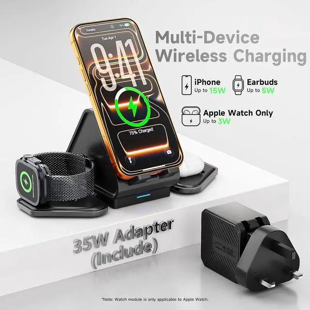 Alt view image 3 of 7 - 3 in 1 Charging Station, Mag Safe Wireless Charger Stand, Qi2-enable, 15W Multiple Device Magnetic Charging Station for iPhone 16,15,14,13,12 Series, Apple Watch, AirPods (USB-C Charger Included)