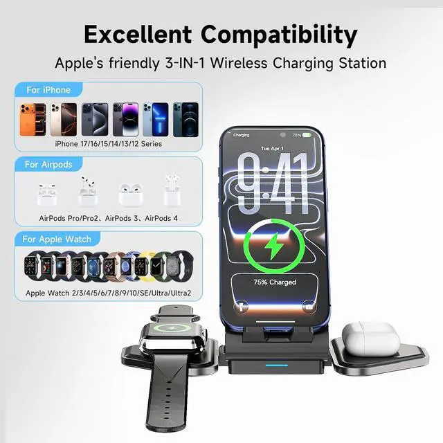 Alt view image 4 of 7 - 3 in 1 Charging Station, Mag Safe Wireless Charger Stand, Qi2-enable, 15W Multiple Device Magnetic Charging Station for iPhone 16,15,14,13,12 Series, Apple Watch, AirPods (USB-C Charger Included)