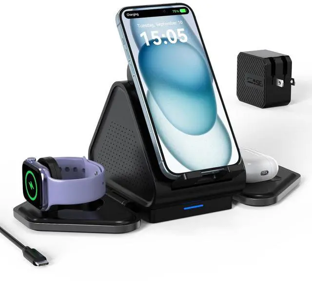 Main image of 3 in 1 Wireless Charging Station, Mag Safe Wireless Charger Stand, 15W Multiple Device Magnetic Charger for iPhone 17,16,15,14,13,12 Series, Apple Watch, AirPods USB-C Charger Included
