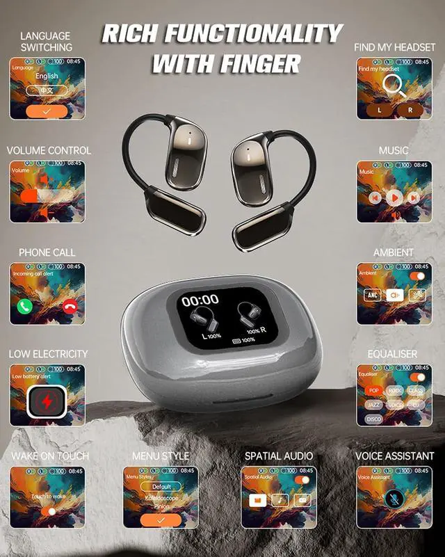 Alt view image 2 of 7 - Over The Ear Earbuds True Powerful Wireless Bluetooth 5.4 Open Ear Earbuds, IPX5 Waterproof Bone Conducion Open Over Ear Buds Bluetooth Headphones Wireless Touch Screen Touchscreen Out of Ear Earbuds