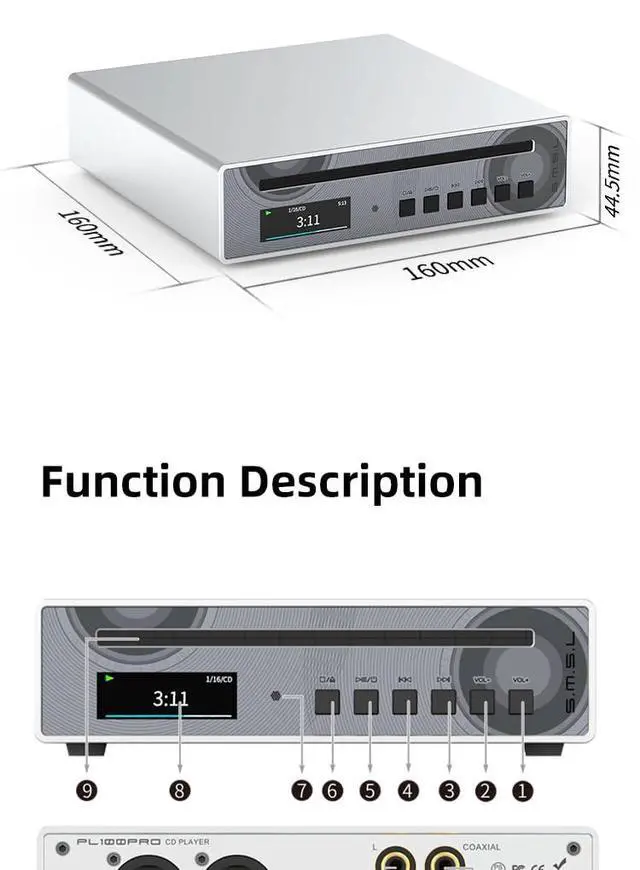 Alt view image 7 of 7 - SMSL PL100 Pro CD Player Multi Function CS43131*2 DAC Chips Supports Lossless MQA Playback 4.4mm Balanced XLR with Remote Control (Silver)