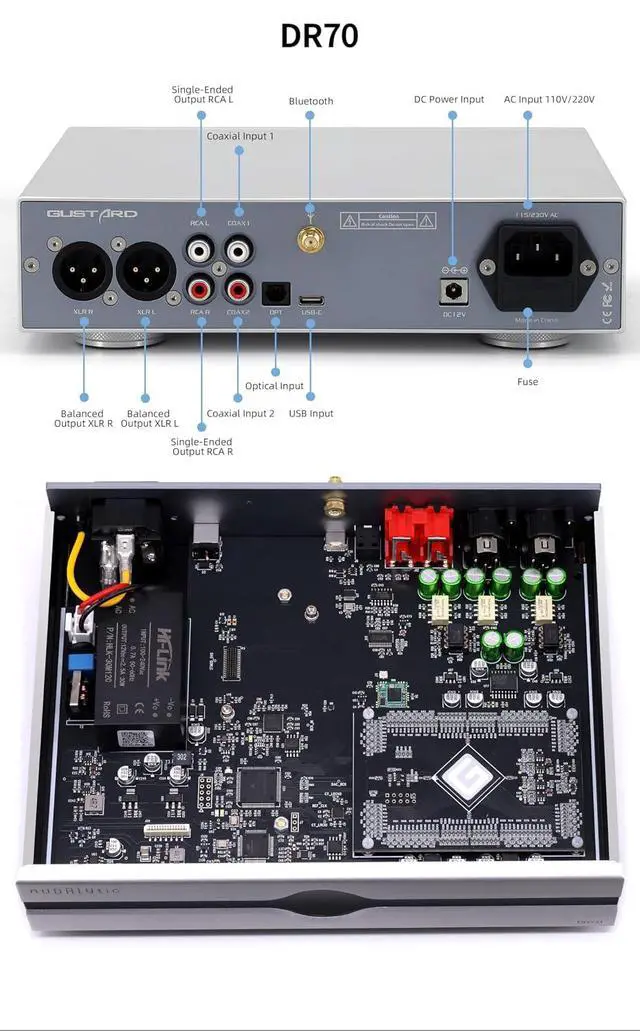 Alt view image 6 of 7 - Gustard Audalytic DR70 R2R Streaming DAC DSD512 PCM768 Decoder with Remote Control (Standard Version) (DR70 Silver)