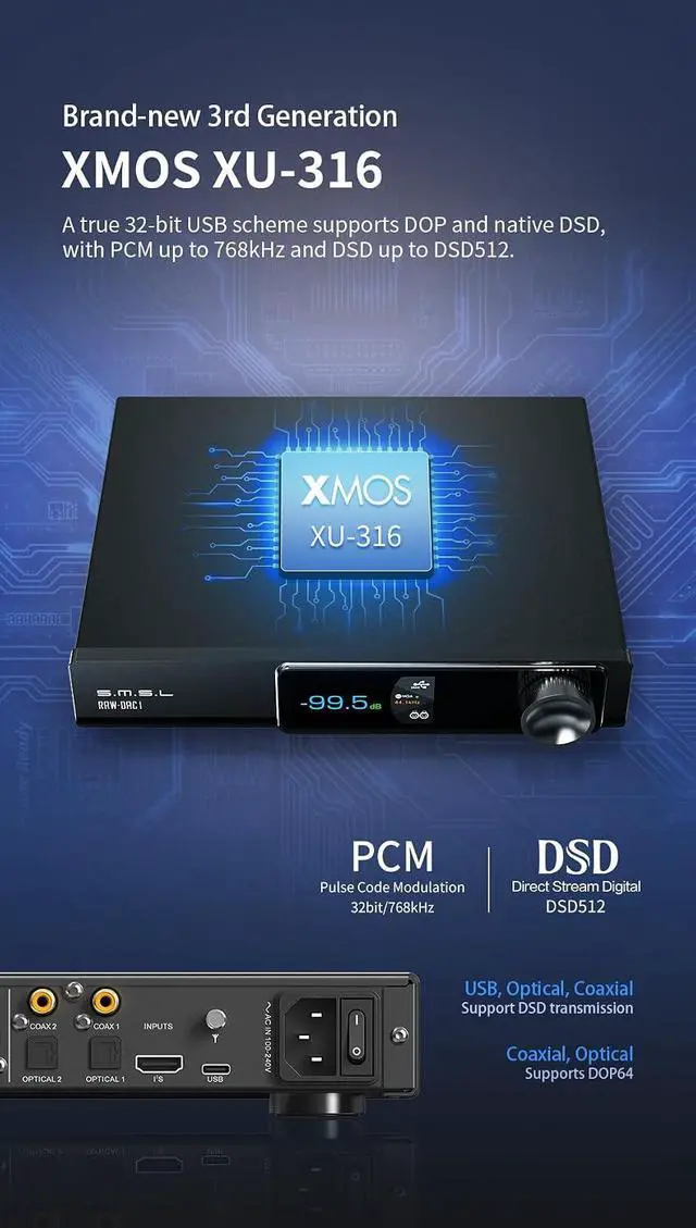 Alt view image 7 of 7 - S.M.S.L RAW DAC1 Decoder MQA MQA CD AK4191+AK4499EX Support LDAC XU316 32Bit/768kHz DSD512 DAC