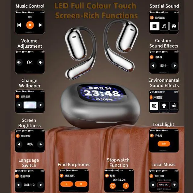 Alt view image 4 of 6 - Outer Out of Open Over Ear Earbuds with Touch Screen Outside Ear Outer Out of Open Ear Headphones Wireless Bluetooth Bone Conduction Touchscreen Earbuds Over The Ear Bud