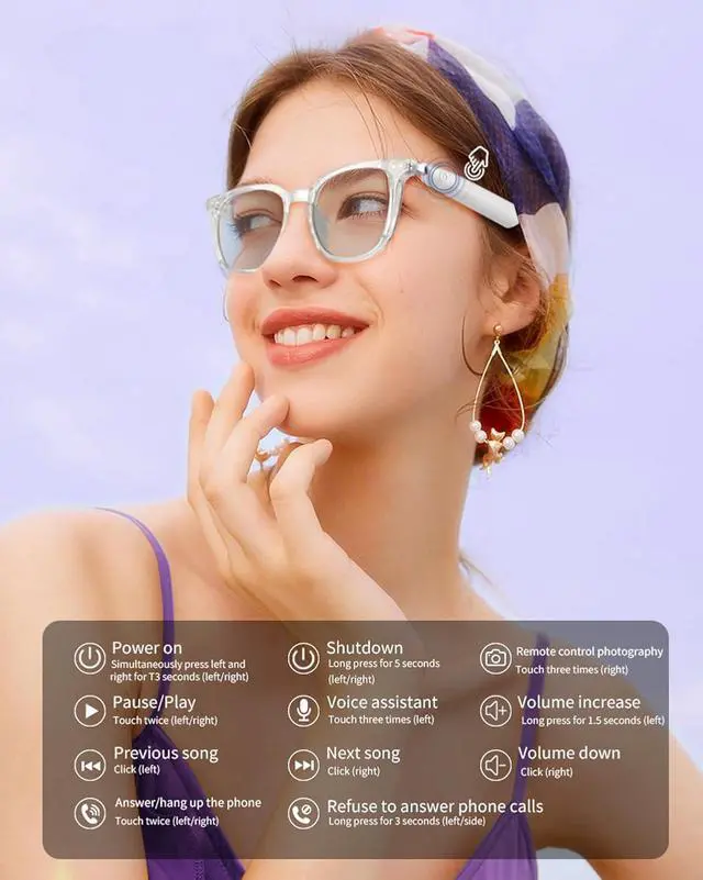 Alt view image 7 of 7 - Bluetooth Smart Glasses Sunglasses for Men Women Polarized Eyeglasses Headphones Bluetooth 5.4 Audio Glasses with Speakers Listenable Songs Blue Tooth Smartglasses Sunglasses for iPhone Android