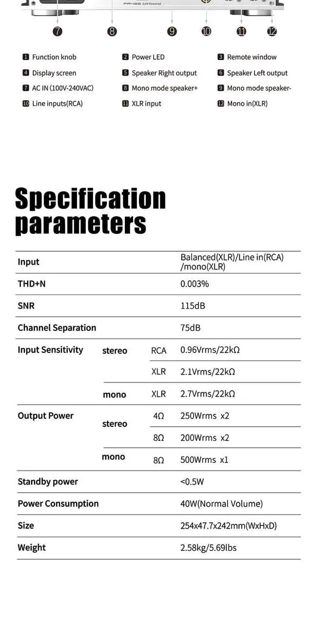 Alt view image 7 of 7 - SMSL PA400 Gallium Nitride Amplifier 8 250W x2 Speaker Power Amplifier PGA2311 Chip with Remote Control