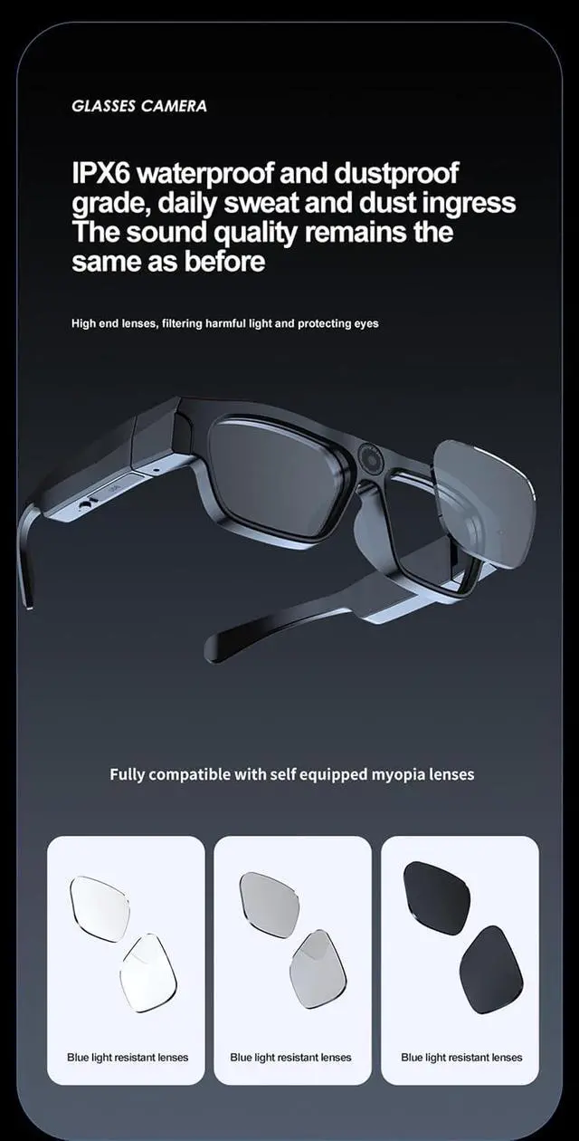 Alt view image 4 of 7 - Bluetooth Recording Video Camera Glasses Audio for Men Open Ear Earbuds Video Recording Sunglasses Camera Audio Smart Glasses for Men Sunglasses Bone Conduction Headphones