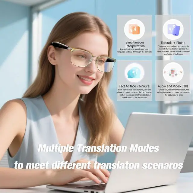 Alt view image 2 of 7 - AI Smart Bluetooth Translation Translator Glasses for Men Women Tranlate Translating Blue Tooth Speaker Audio Music Glasses 150 Language & Accents Headphones Eyeglasses