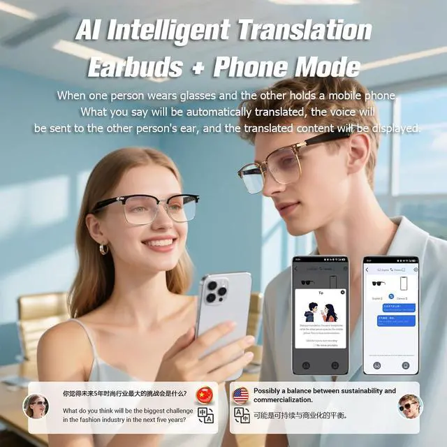 Alt view image 6 of 7 - AI Smart Bluetooth Translation Translator Glasses for Men Women Tranlate Translating Blue Tooth Speaker Audio Music Glasses 150 Language & Accents Headphones Eyeglasses