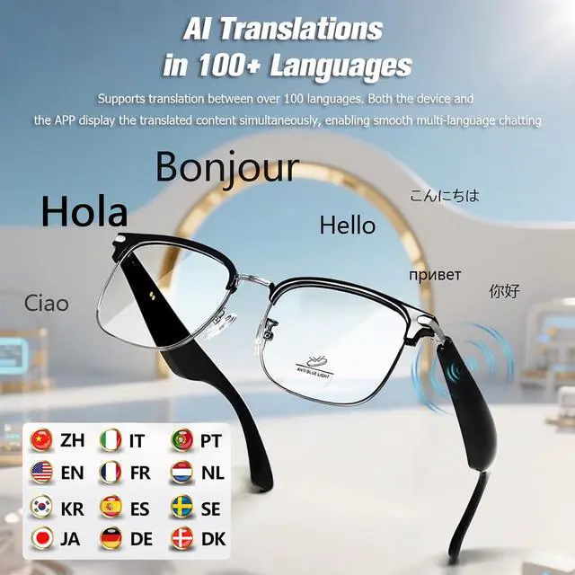 Alt view image 5 of 7 - AI Smart Bluetooth Translation Translator Glasses for Men Women Tranlate Translating Blue Tooth Speaker Audio Music Glasses 150 Language & Accents Headphones Eyeglasses