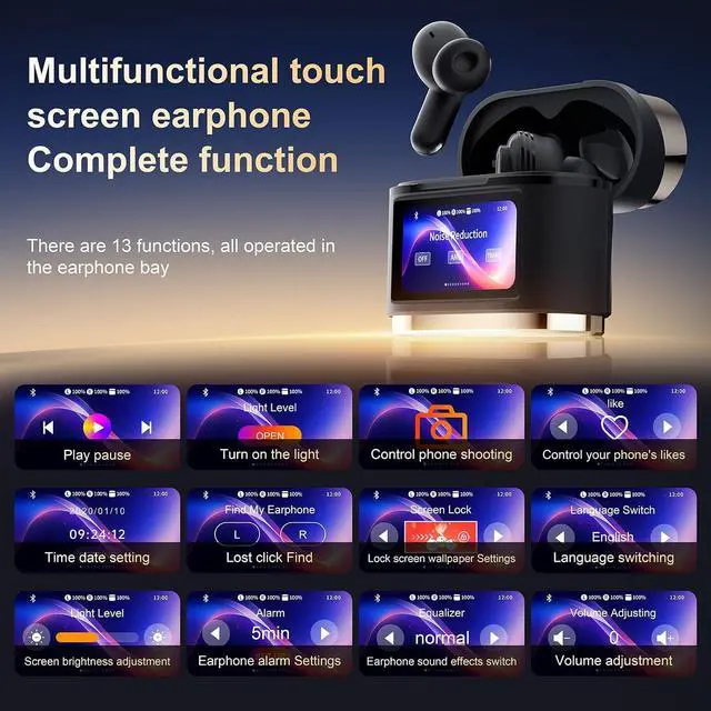 Alt view image 6 of 7 - Touchscreen Earbuds with Screen Wireless Active Noise Cancelling Blue Tooth Ear Buds Active Noise Canceling Bluetooth ANC Touch Screen Earbuds with Touch Screen case for Small Ear canals