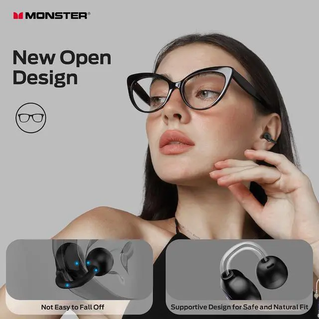 Alt view image 3 of 7 - Monster Open Ear AC339 Earbuds, Bluetooth 6.0 Headphones Stereo Sound, Clip on Wireless Earbuds 40 Hours Playback,Touch Control, IPX6 Waterproof,Black