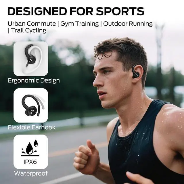 Alt view image 2 of 7 - Monster N Lite 216 Wireless Earbuds, Sports Earbuds with Earhooks, Noise Cancelling Headset, Stereo Deep Bass Over Ear Buds 48H Playtime, IPX6 Waterproof Earphones for Sports/Running/WorkoutBlack