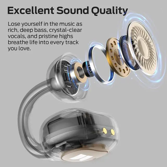 Alt view image 3 of 7 - Monster Open Ear AC339 Earbuds, Bluetooth 6.0 Earphones Stereo Sound, Open Ear Clip Wireless Earbuds 40 Hours Playback, with Smart Digital Display Design, Touch Control, IPX6 Waterproof,Beige