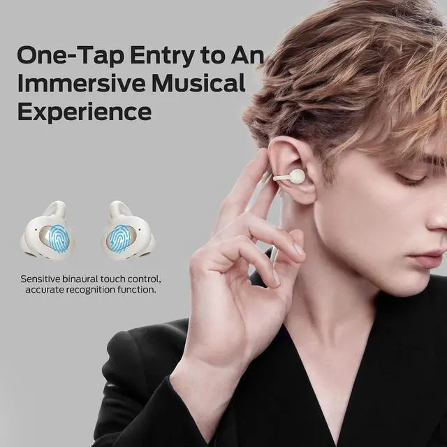 Alt view image 6 of 7 - Monster Open Ear AC339 Earbuds, Bluetooth 6.0 Earphones Stereo Sound, Open Ear Clip Wireless Earbuds 40 Hours Playback, with Smart Digital Display Design, Touch Control, IPX6 Waterproof,Beige