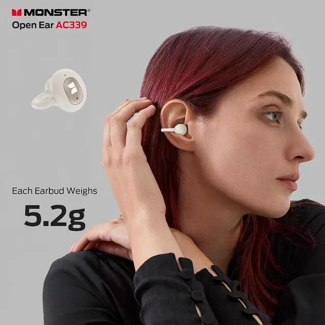 Alt view image 2 of 7 - Monster Open Ear AC339 Earbuds, Bluetooth 6.0 Earphones Stereo Sound, Open Ear Clip Wireless Earbuds 40 Hours Playback, with Smart Digital Display Design, Touch Control, IPX6 Waterproof,Beige