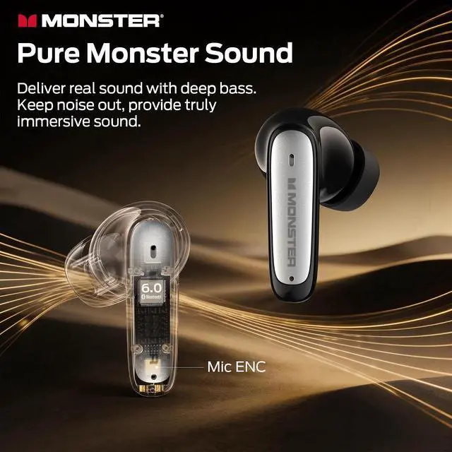 Alt view image 3 of 7 - Monster Wireless Earbuds, Bluetooth 6.0 Headphones Deep Bass, Black