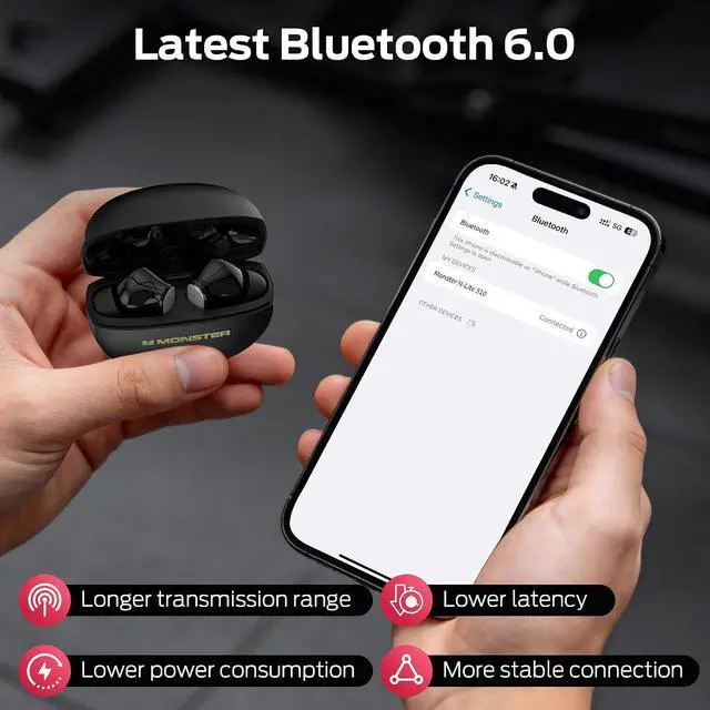 Alt view image 7 of 7 - Monster Wireless Earbuds, Bluetooth 6.0 Headphones Deep Bass, Black