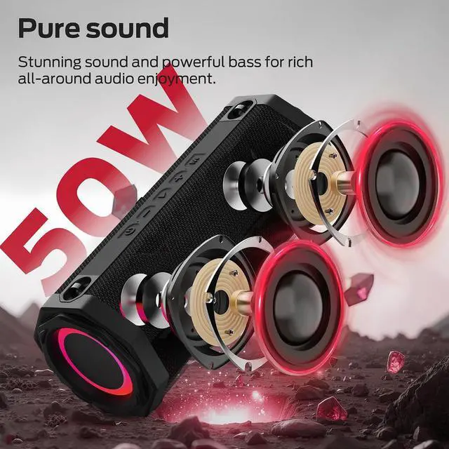 Alt view image 2 of 7 - Oraolo Speaker S200 Wireless Portable Bluetooth Speaker, 24H Playtime, IPX6 Waterproof, 50W Stereo Sound, Bluetooth 5.4, Dual Bass Speakers, Perfect for Home, Parties, and Travel.Black