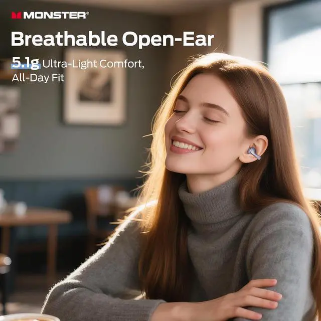 Alt view image 7 of 7 - Monster Open Ear AC225 Headphones, Bluetooth 6.0 Wireless Earbuds, Stereo Sound, Lightweight Comfort Clip On Earbuds with ENC Mic for Clear Calls, 36H Playtime, Touch Control, IPX6 Waterproof, Purple