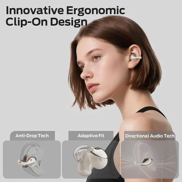 Alt view image 2 of 7 - Oraolo Open Ear AC225 Earbuds, Stereo Sound, Bluetooth 6.0 Open Ear Headphones, Lightweight Comfort Clip On Earbuds with ENC Mic for Clear Calls, 36H Playtime, Touch Control, IPX6 Waterproof, White