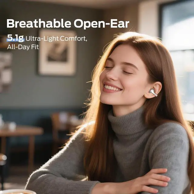 Alt view image 6 of 7 - Oraolo Open Ear AC225 Earbuds, Stereo Sound, Bluetooth 6.0 Open Ear Headphones, Lightweight Comfort Clip On Earbuds with ENC Mic for Clear Calls, 36H Playtime, Touch Control, IPX6 Waterproof, White