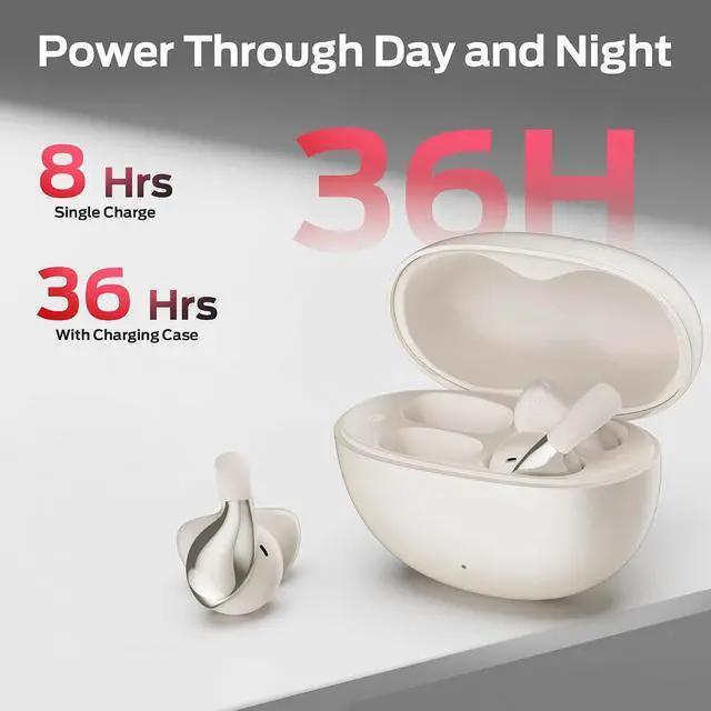 Alt view image 7 of 7 - Oraolo Open Ear AC225 Earbuds, Stereo Sound, Bluetooth 6.0 Open Ear Headphones, Lightweight Comfort Clip On Earbuds with ENC Mic for Clear Calls, 36H Playtime, Touch Control, IPX6 Waterproof, White