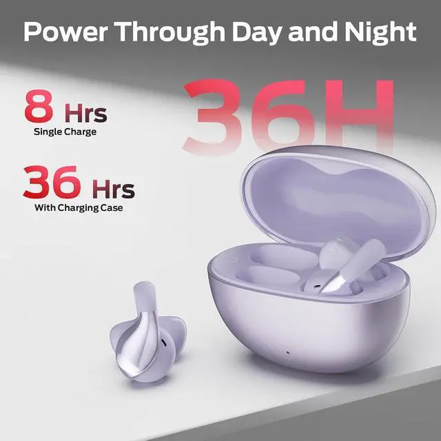 Alt view image 6 of 7 - Oraolo Open Ear AC225 Headphones, Bluetooth 6.0 Wireless Earbuds, Stereo Sound, Lightweight Comfort Clip On Earbuds with ENC Mic for Clear Calls, 36H Playtime, Touch Control, IPX6 Waterproof, Purple