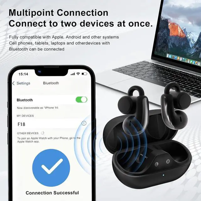 Alt view image 5 of 7 - Open Ear Clip On Wireless Earbuds, Bluetooth 5.4 Headphones with ANC & Dual Mics, IP65 Waterproof, 18 Hour Playtime Earphone, Touch Control & Multipoint Connection for Running, Workout & Gym