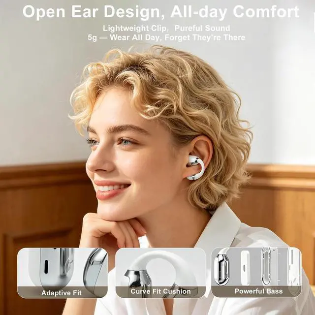 Alt view image 2 of 7 - Open Ear Clip On Earbuds, Bluetooth 5.4 Wireless Headphones IP65 Waterproof Lightweight 16H Playtime Touch Control Earphones Comfort Design for Small Ears&Glasses
