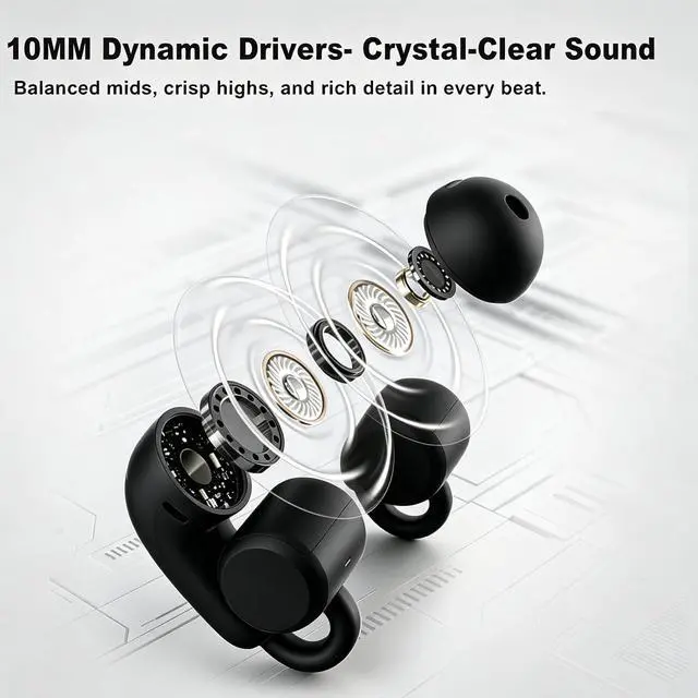 Alt view image 2 of 7 - Open Ear Clip On Wireless Earbuds, Bluetooth 5.4 with ANC & Dual Mics, IP65 Waterproof, 18H Playtime, Touch Control & Multipoint Connection for Sports, Work and Commute