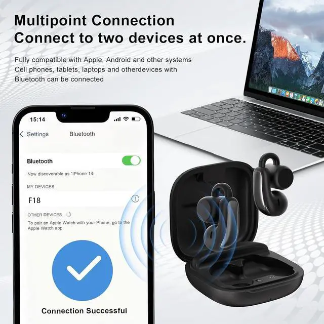 Alt view image 5 of 7 - Open Ear Clip On Wireless Earbuds, Bluetooth 5.4 with ANC & Dual Mics, IP65 Waterproof, 18H Playtime, Touch Control & Multipoint Connection for Sports, Work and Commute