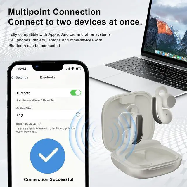 Alt view image 5 of 7 - Open Ear Clip On Wireless Earbuds, Bluetooth 5.4 with ANC & Dual Mics, IP65 Waterproof, 18H Playtime, Touch Control & Multipoint Connection for Sports, Work and Commute