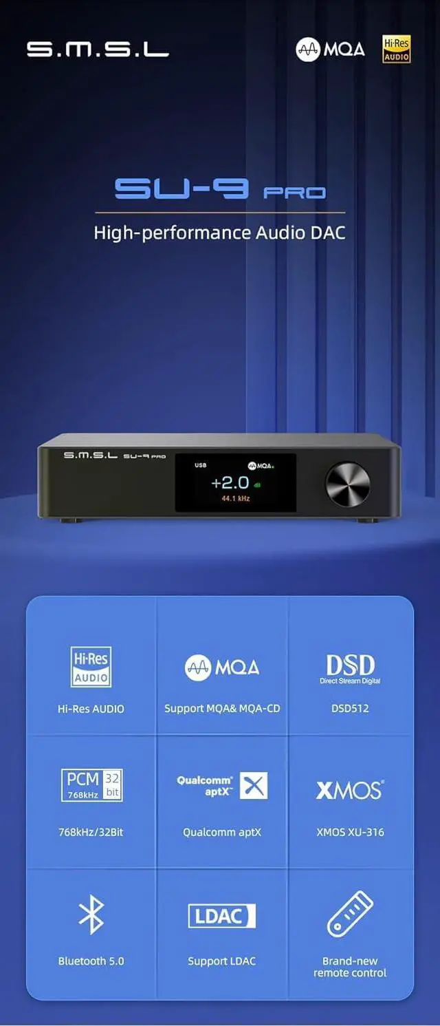 Alt view image 4 of 7 - S.M.S.L SU 9 PRO ES9039MPRO Decoder MQA&MQA CD Bluetooth 5.0 High Res Audio DAC XU316 768kHz/32Bit DSD512 with Remote Control