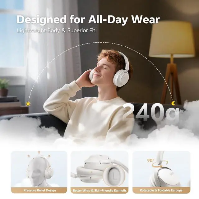 Alt view image 7 of 7 - H3S Wireless Over Ear Headphones, Hybrid Active Noise Cancelling Headphones, Hi Res Wireless, 102H Playtime, Fast Charging, Comfort Fit, Dual Connection, Bluetooth 6.0(White)
