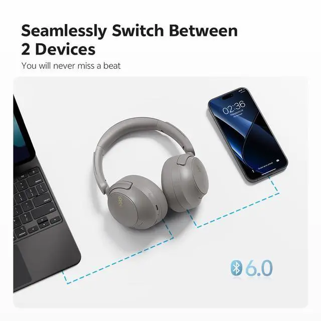 Alt view image 6 of 7 - H3S Wireless Over Ear Headphones, Hybrid Active Noise Cancelling Headphones, Hi Res Wireless, 102H Playtime, Fast Charging, Comfort Fit, Dual Connection, Bluetooth 6.0(Grey)