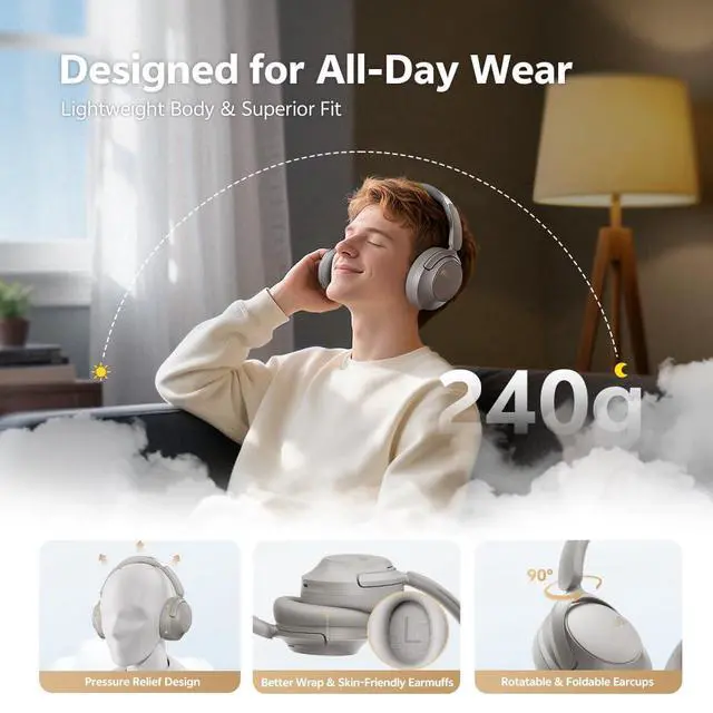 Alt view image 7 of 7 - H3S Wireless Over Ear Headphones, Hybrid Active Noise Cancelling Headphones, Hi Res Wireless, 102H Playtime, Fast Charging, Comfort Fit, Dual Connection, Bluetooth 6.0(Grey)
