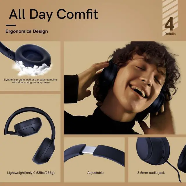 Alt view image 7 of 7 - H3 ANC Bluetooth Headphones Over Ear, Active Noise Cancelling Bluetooth 5.4 Headphones with Microphones, Hi Res Audio Sound, Multipoint Connection, 60H Playback, Custom EQ via App(Blue)